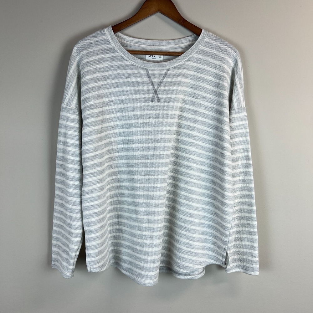 Maurices 24/7 Tunic Top Womens Large Gray White Stripe Drop Shoulder Relaxed Fit